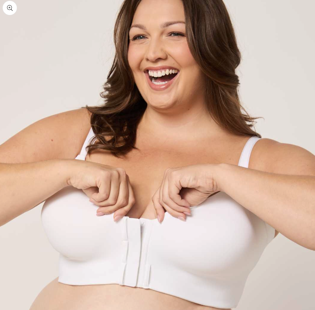 Woman wears t shirt bra in white with font fastening